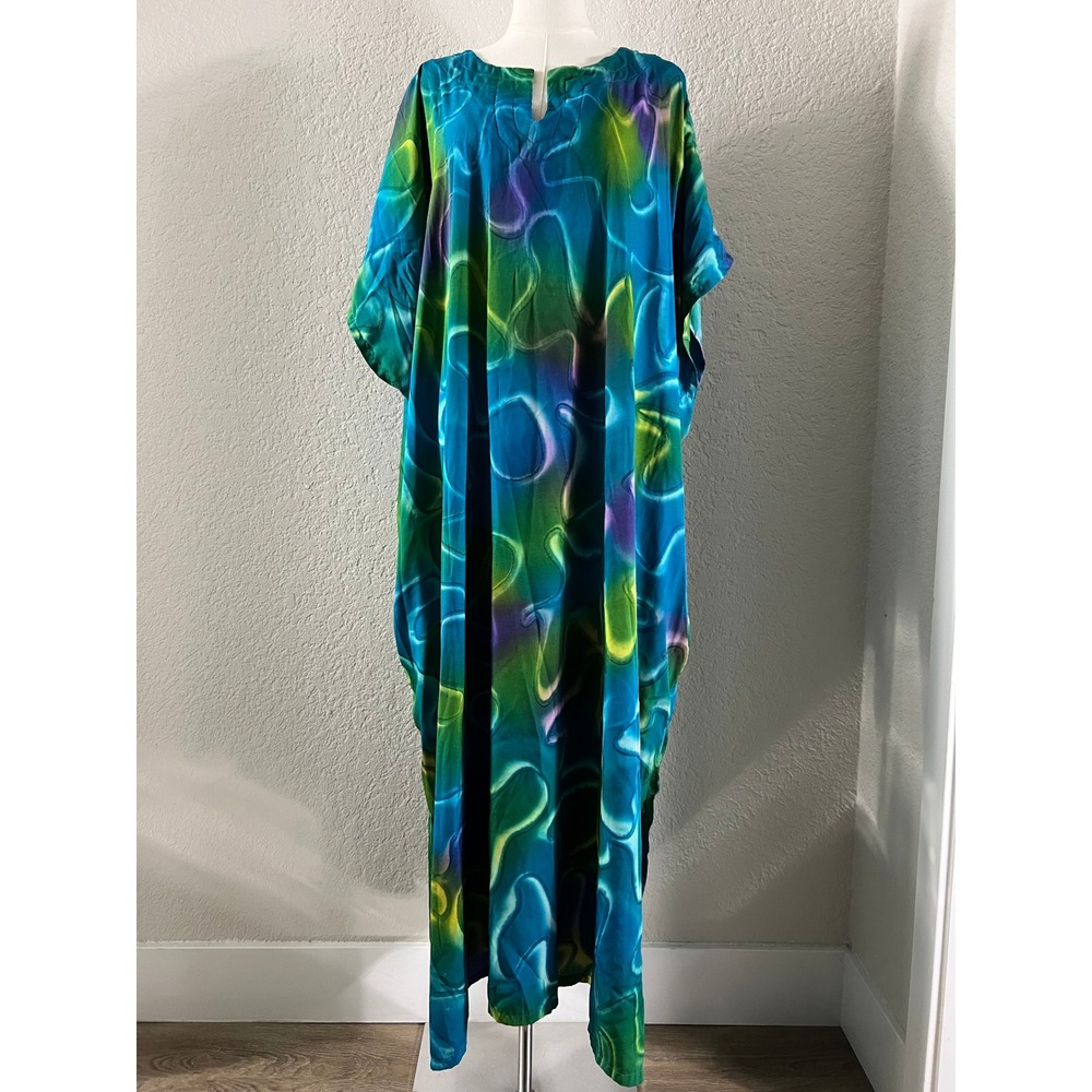 Vintage Abstract Batik Kaftan Dress One Size Plus Blue Green Psychedelic Maxi